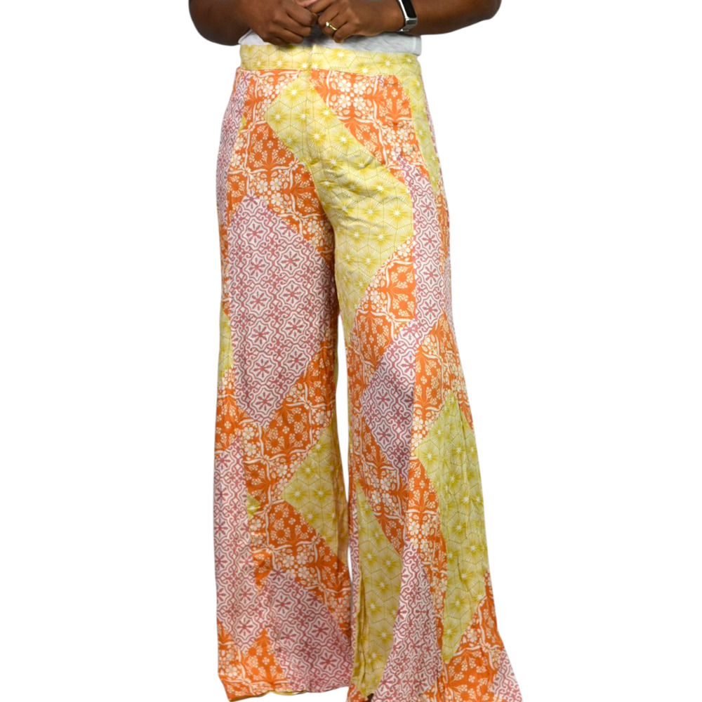 Olivaceous Patchwork Palazzo Print Pants Orange Yellow Rayon Wide Flare Medium